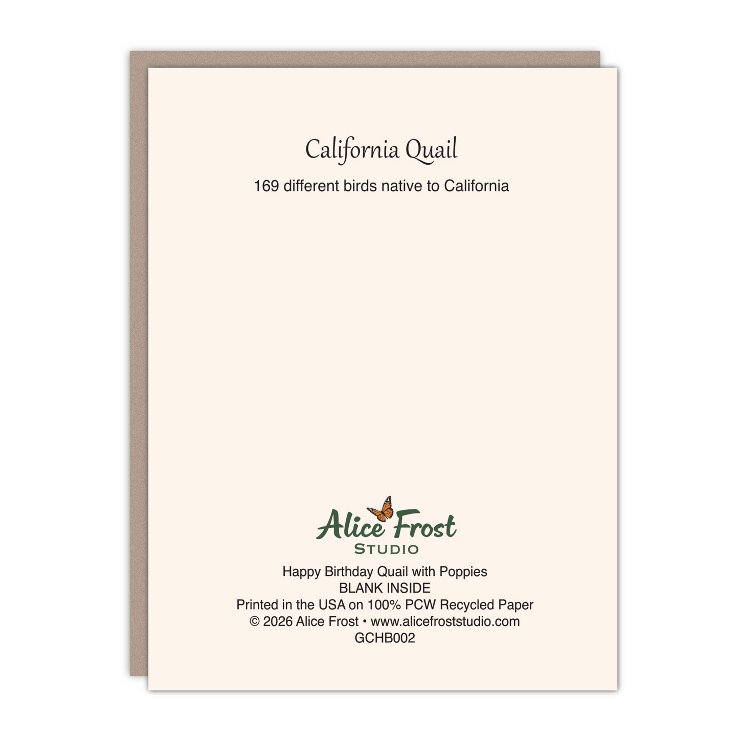 Birthday California Quail Recycled Blank Card - Alice Frost Studio