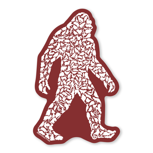 Bigfoot sticker design featuring 235 wildlife silhouettes for outdoor use, ideal for nature enthusiasts and water bottles.