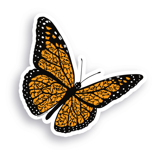 Monarch butterfly vinyl sticker featuring detailed black and orange design, ideal for nature lovers and outdoor use.