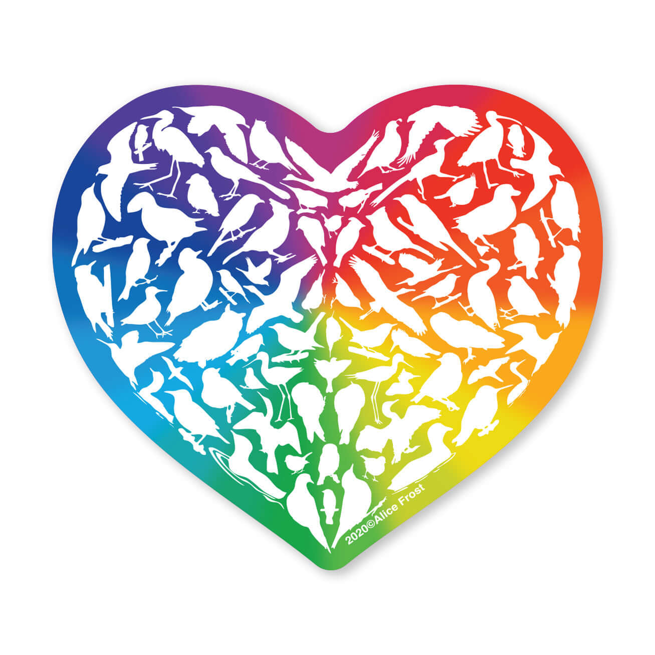 Colorful heart-shaped vinyl sticker featuring diverse love birds, perfect for nature lovers and outdoor use.