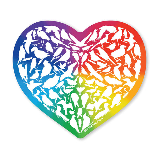 Colorful heart-shaped vinyl sticker featuring diverse love birds, perfect for nature lovers and outdoor use.