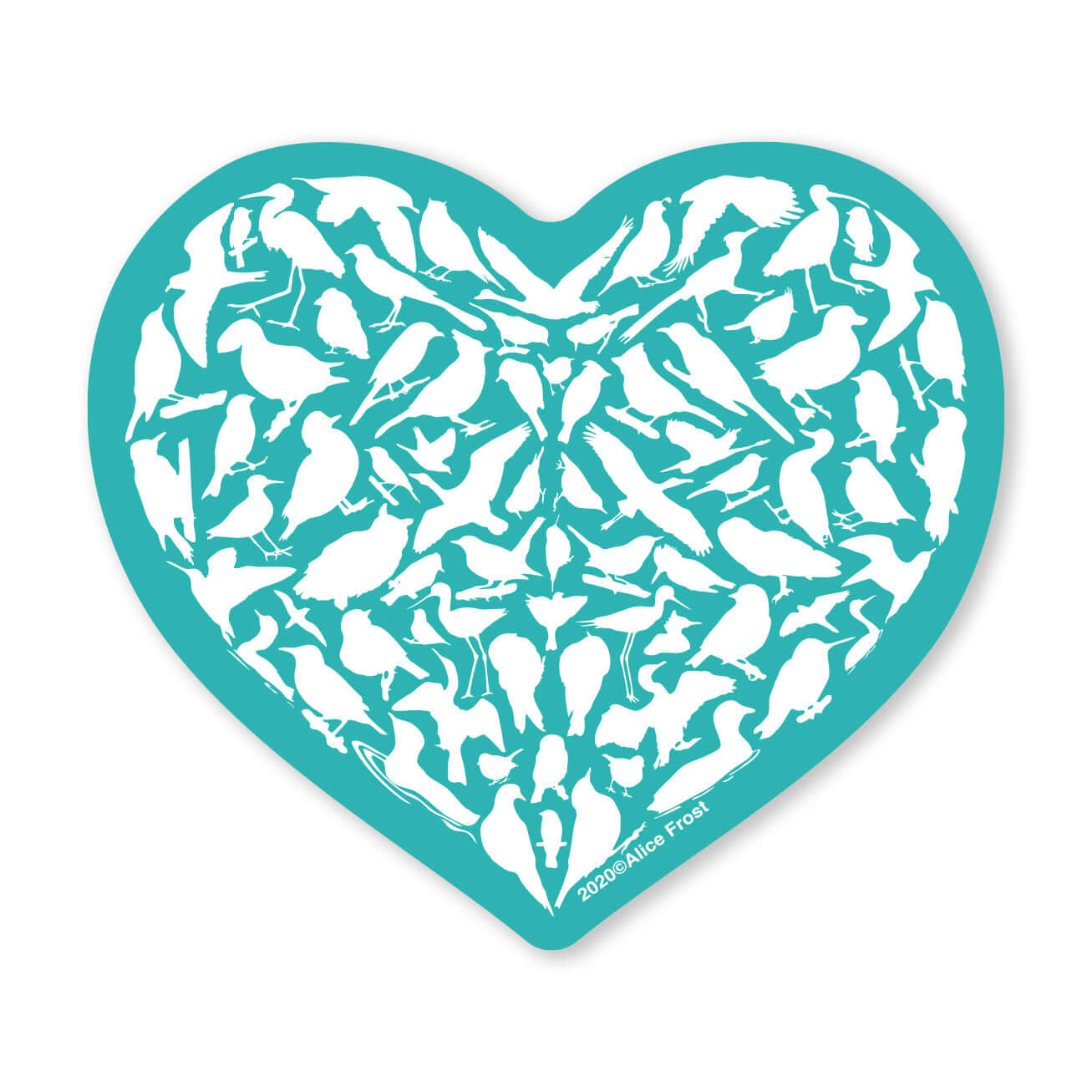 Teal heart sticker featuring unique bird silhouettes, perfect for nature lovers and outdoor use. Ideal for water bottles.