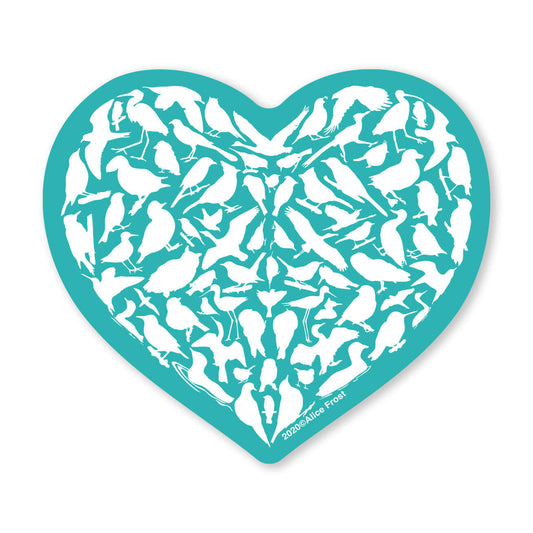 Teal heart sticker featuring unique bird silhouettes, perfect for nature lovers and outdoor use. Ideal for water bottles.
