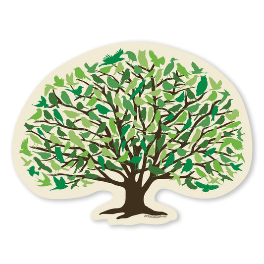 Oak Tree Sticker featuring green birds, durable vinyl for outdoor use, ideal for nature lovers and water bottles.