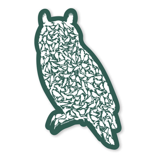 Great Horned Owl sticker featuring California birds, vinyl with gloss UV coating, perfect for nature lovers and water bottles.