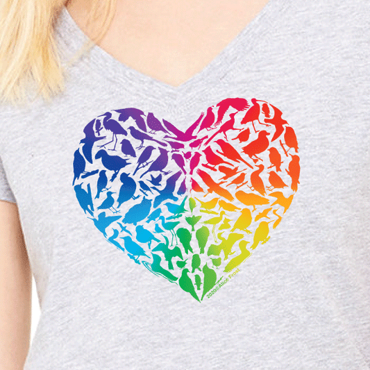Women's Rainbow Pride Bird Heart Gray Cotton T-shirt - Alice Frost Studio