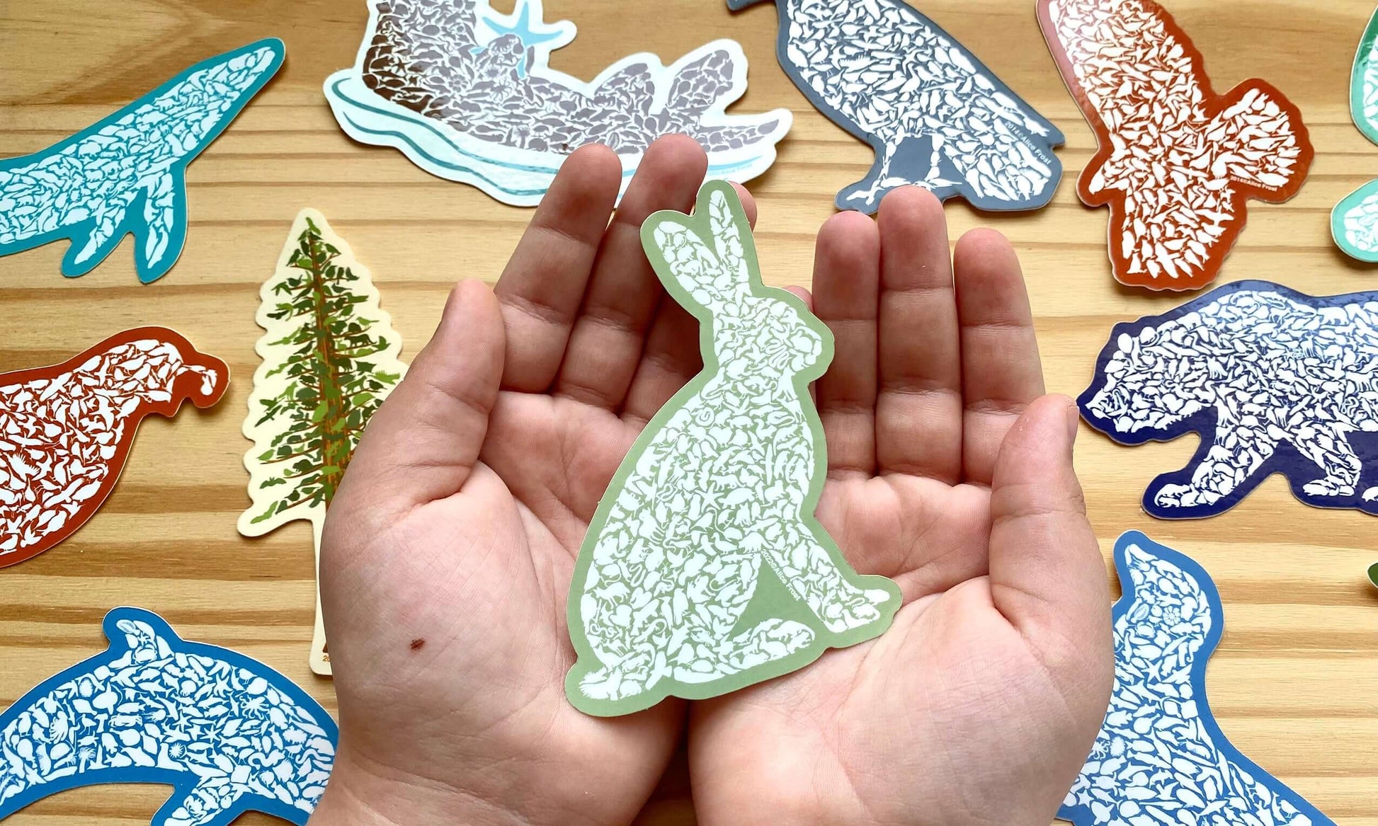Hands holding a green jack rabbit vinyl sticker among various nature stickers on a wooden surface.