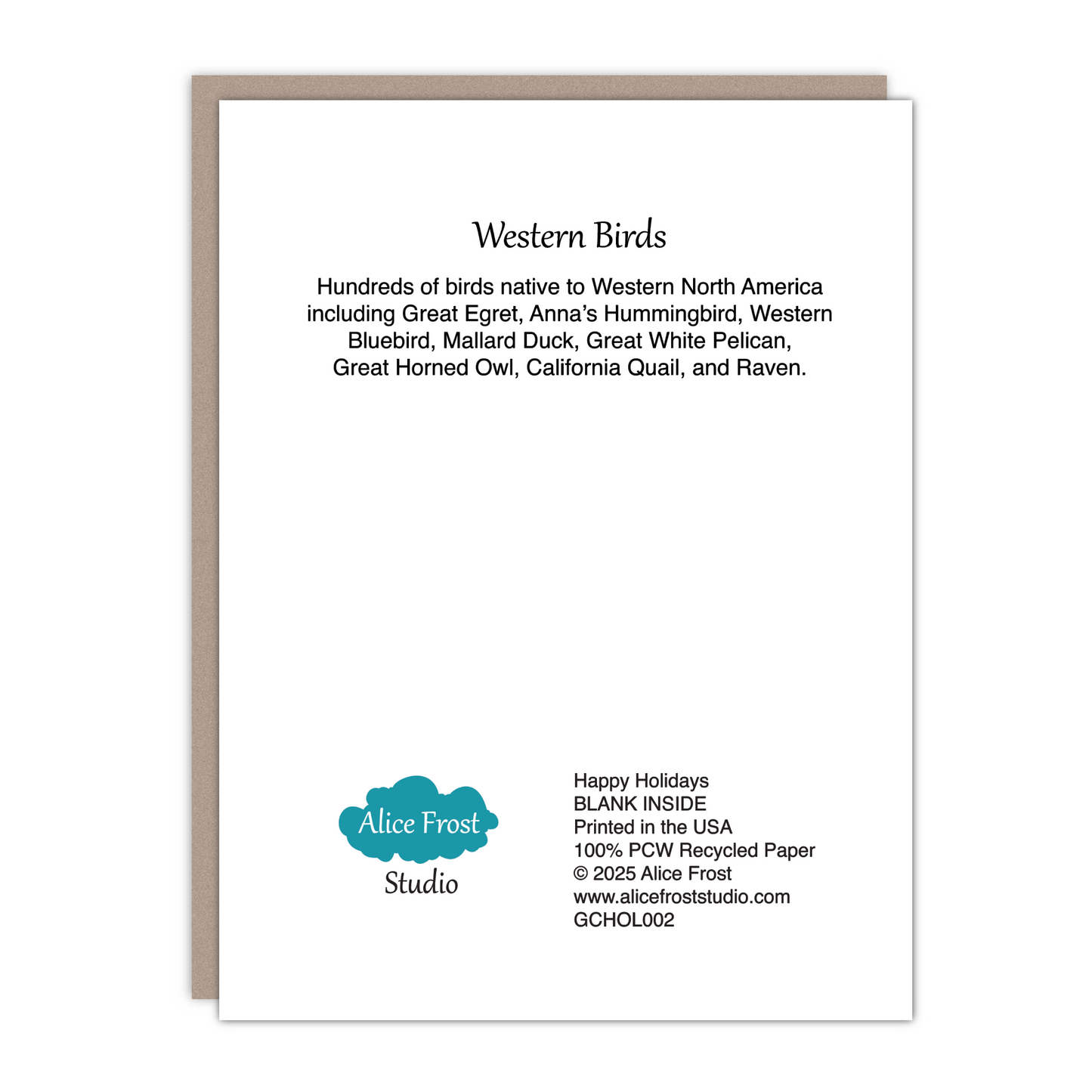 Happy Holidays Birds Recycled Blank Card - Alice Frost Studio