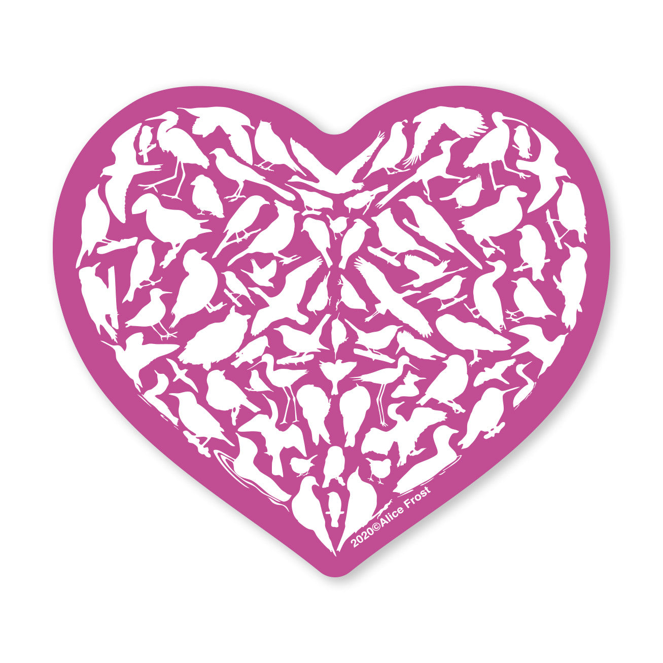 Heart-shaped vinyl sticker featuring diverse white bird silhouettes on a pink background, perfect for nature lovers.